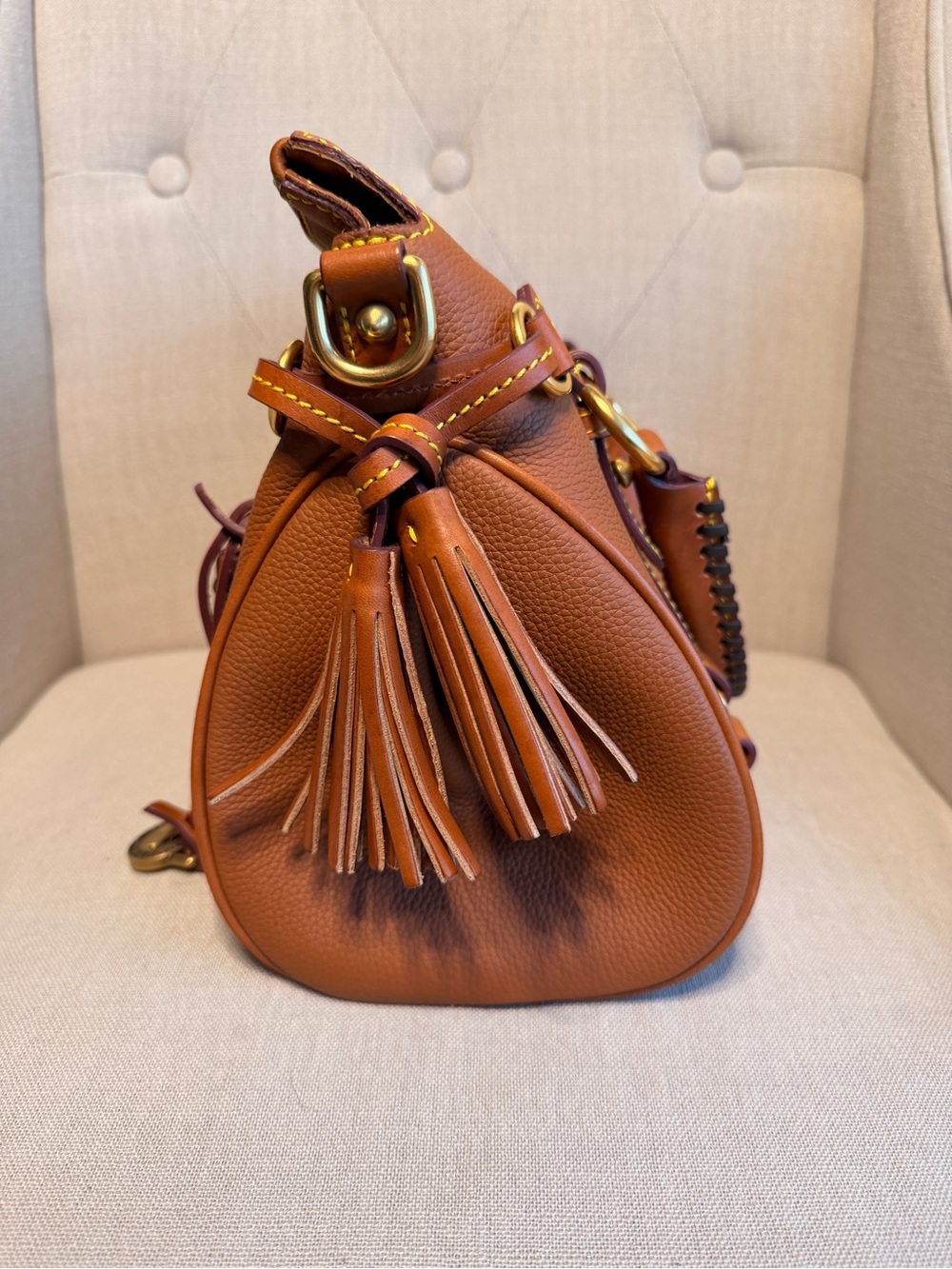 Dooney & Bourke Cognac Pebbled Leather Satchel with Braided Handle - Picture 3 of 7